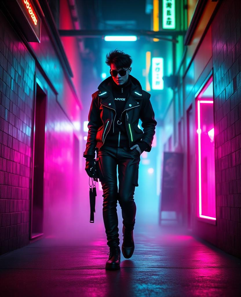 AI-generated cinematic fashion scene of a person in techwear in a neon alley